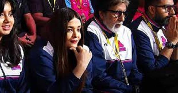 Aishwarya Rai Bachchan, Aaradhya, and Abhishek Bachchan delight in a Kabaddi match with Amitabh Bachchan.