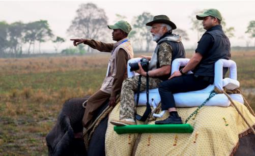PM Narendra Modi enjoys safari in Assam's Kaziranga National Park.