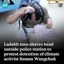 A man in Ladakh shaved his head outside a police station to protest the detention of climate activist Sonam Wangchuk.